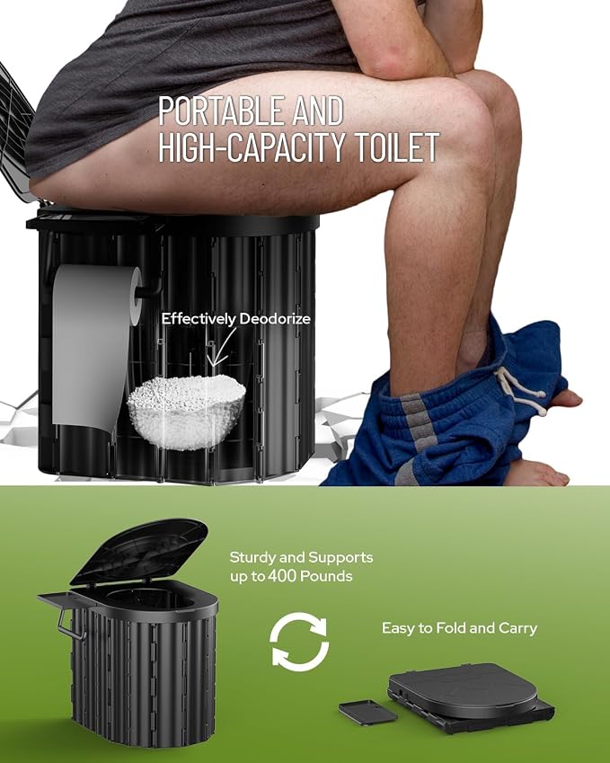 Black Toilet and Camouflage Tent with Light