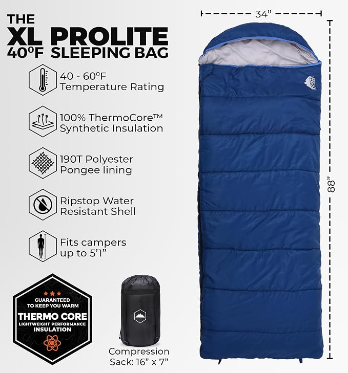 Adult Sleeping Bag - 40-60F Temperature Rating