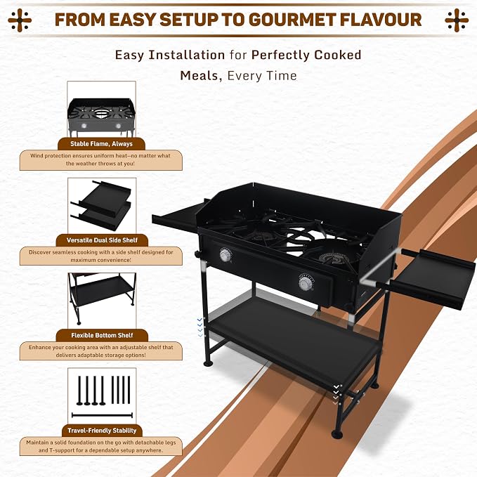 Two Burner Stove + Dual Side Shelf + Bottom Shelf + Wind Guard