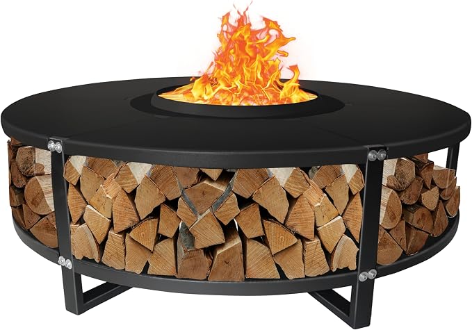 Smokeless Fire Pit + Surround Table + Wood Storage