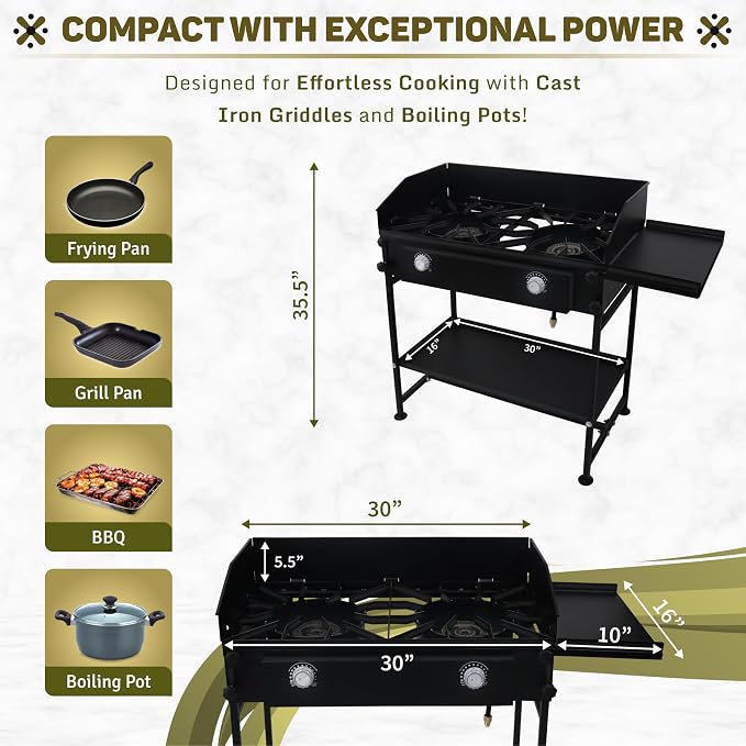Two Burner Stove + Side Shelf + Bottom Shelf + Wind Guard