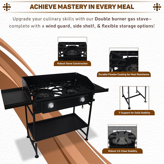 Two Burner Stove + Dual Side Shelf + Bottom Shelf + Wind Guard