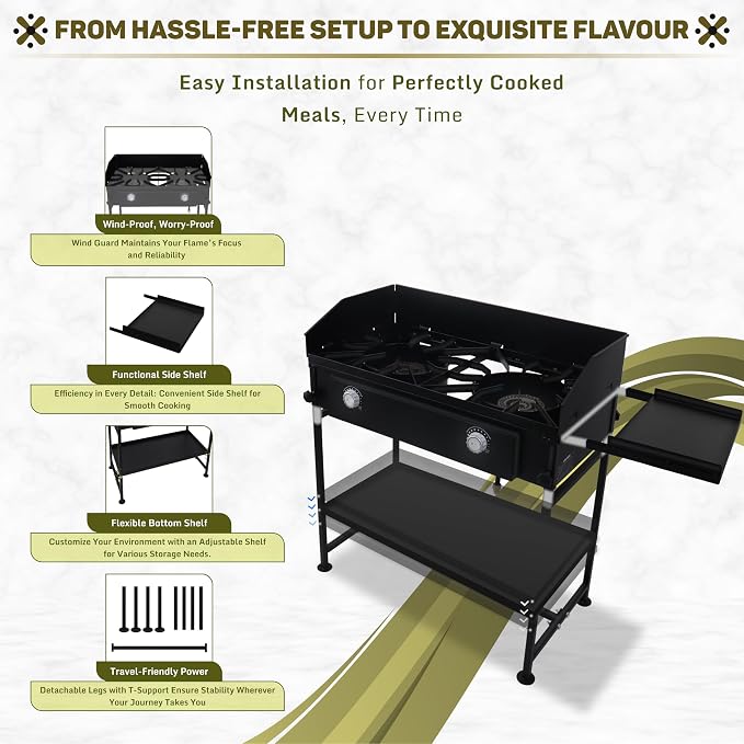 Two Burner Stove + Side Shelf + Bottom Shelf + Wind Guard
