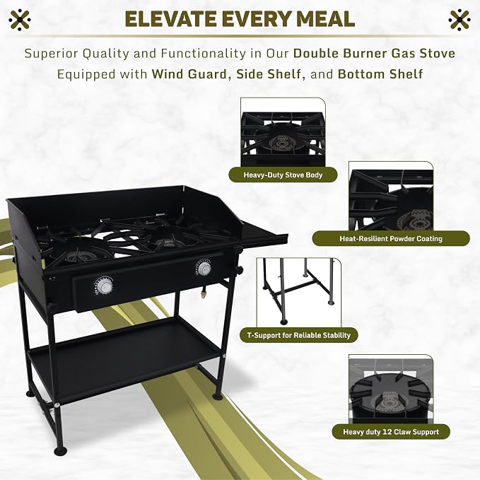 Two Burner Stove + Side Shelf + Bottom Shelf + Wind Guard