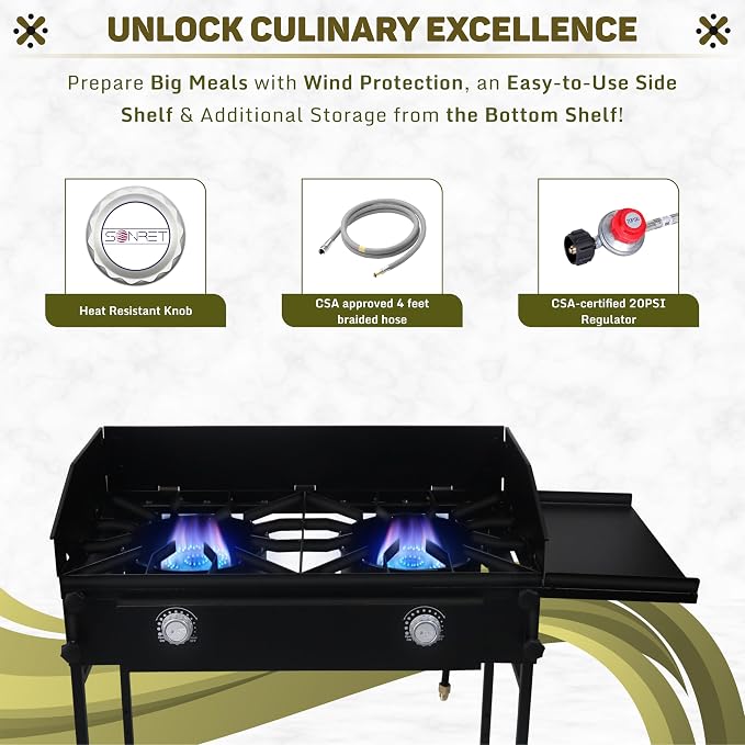 Two Burner Stove + Side Shelf + Bottom Shelf + Wind Guard