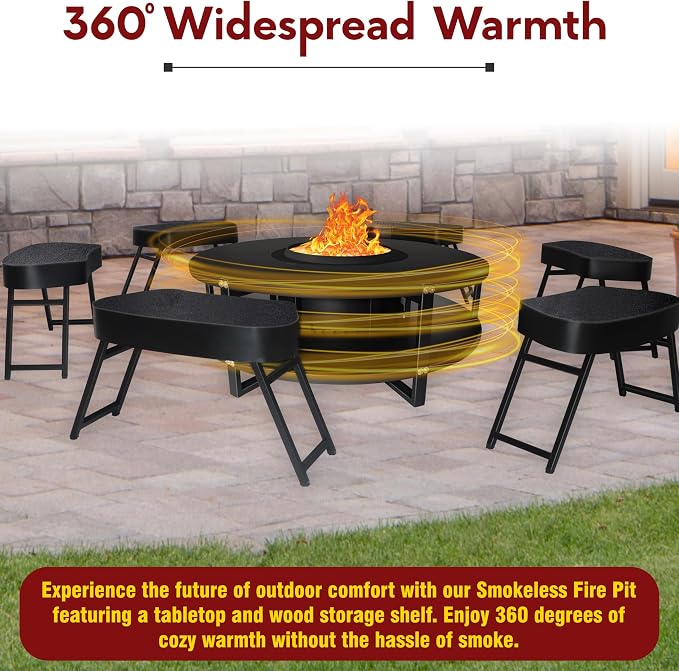 Smokeless Fire Pit + Surround Table + Wood Storage + 6 Chairs