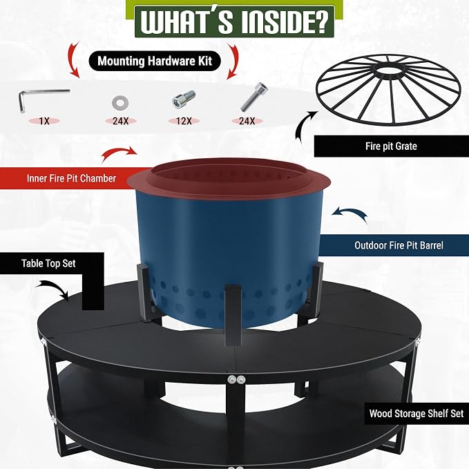 Smokeless Fire Pit + Surround Table + Wood Storage