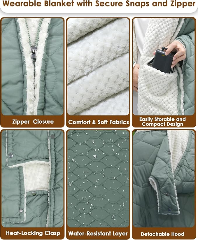 Heated Blanket With Detachable Hood (Green)