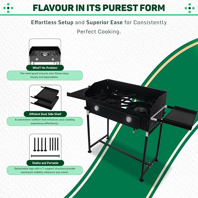 Two Burner Stove + Dual Side Shelf + Wind Guard