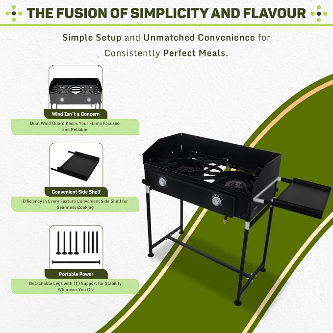 Two Burner Stove + Side Shelf + Wind Guard