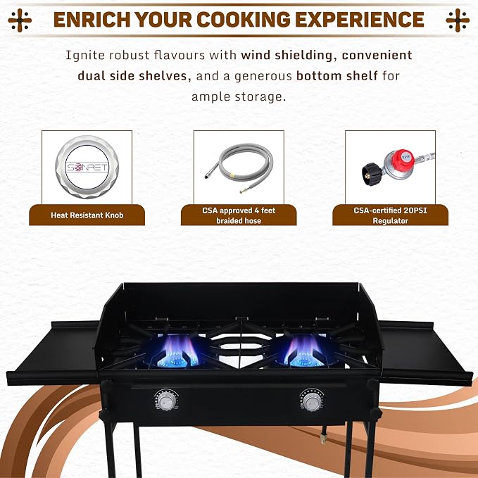 Two Burner Stove + Dual Side Shelf + Bottom Shelf + Wind Guard