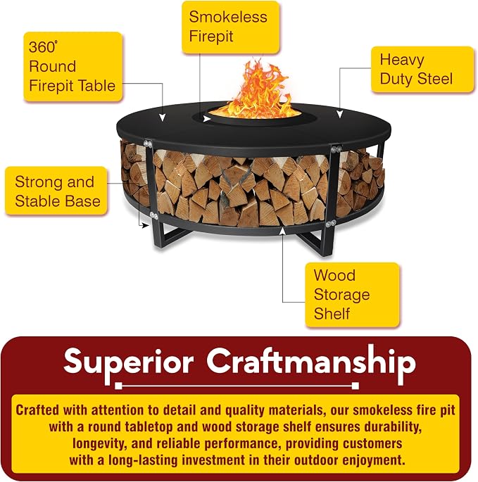 Smokeless Fire Pit + Surround Table + Wood Storage