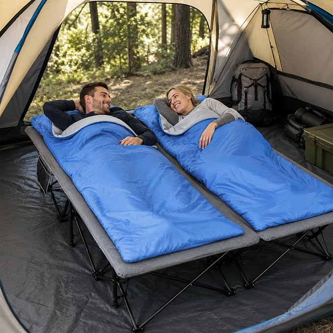 Cot With 2 Pcs Blue Ultra Light Sleeping Bags