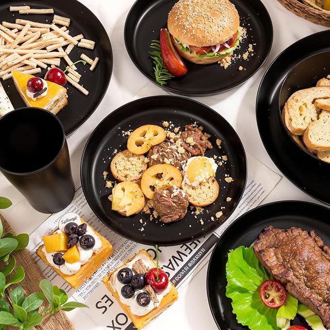24pcs Black Wheat Straw Plates and Bowls Cups