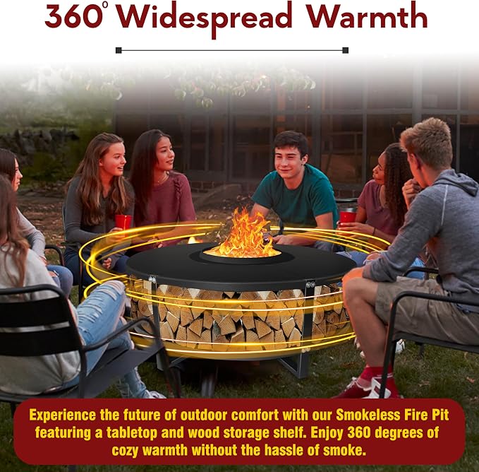 Smokeless Fire Pit + Surround Table + Wood Storage