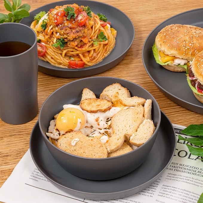 24pcs Dark Grey Wheat Straw Plates and Bowls Cups