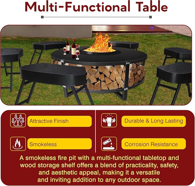 Smokeless Fire Pit + Surround Table + Wood Storage + 6 Chairs