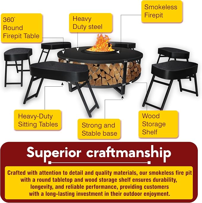 Smokeless Fire Pit + Surround Table + Wood Storage + 6 Chairs