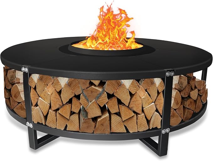 Smokeless Fire Pit + Surround Table + Wood Storage