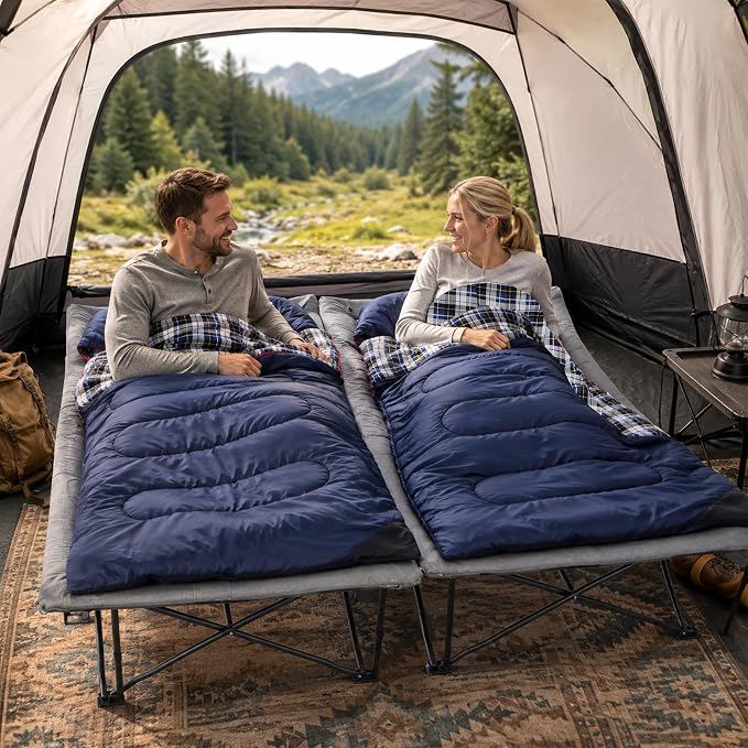 Cot With 2 Pcs Thickned Navy Blue Sleeping Bags