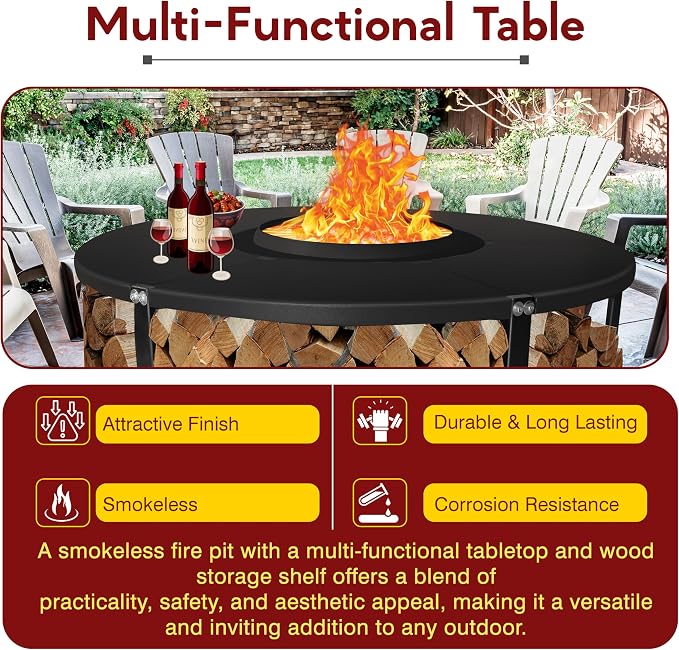 Smokeless Fire Pit + Surround Table + Wood Storage