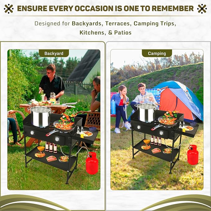 Two Burner Stove + Side Shelf + Bottom Shelf + Wind Guard