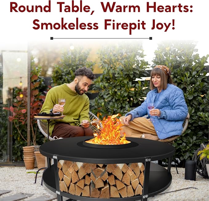 Smokeless Fire Pit + Surround Table + Wood Storage