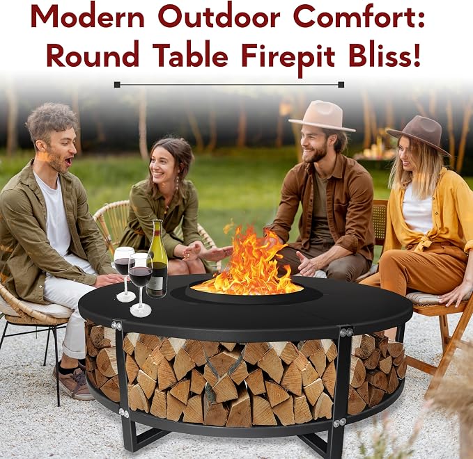 Smokeless Fire Pit + Surround Table + Wood Storage